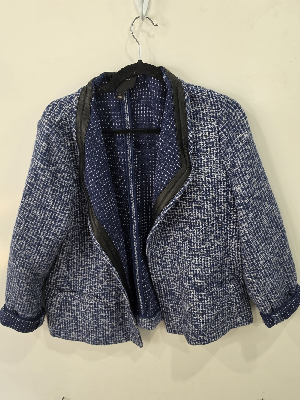Windsor Blue Tweed Open-Front Jacket with Faux Leather Trim Size 14 Plus Size